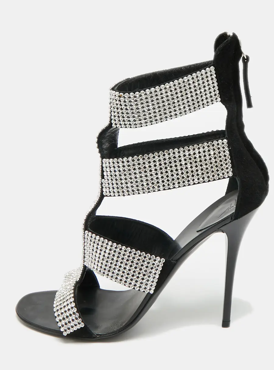 Giuseppe Zanotti  Size 37 Black Suede  Crystal Embellished Ankle Strap Sandals