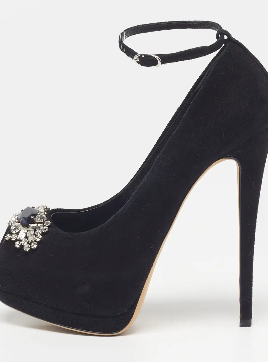 Giuseppe Zanotti Size 37.5 Black Suede Crystal Embellished Platform Pumps