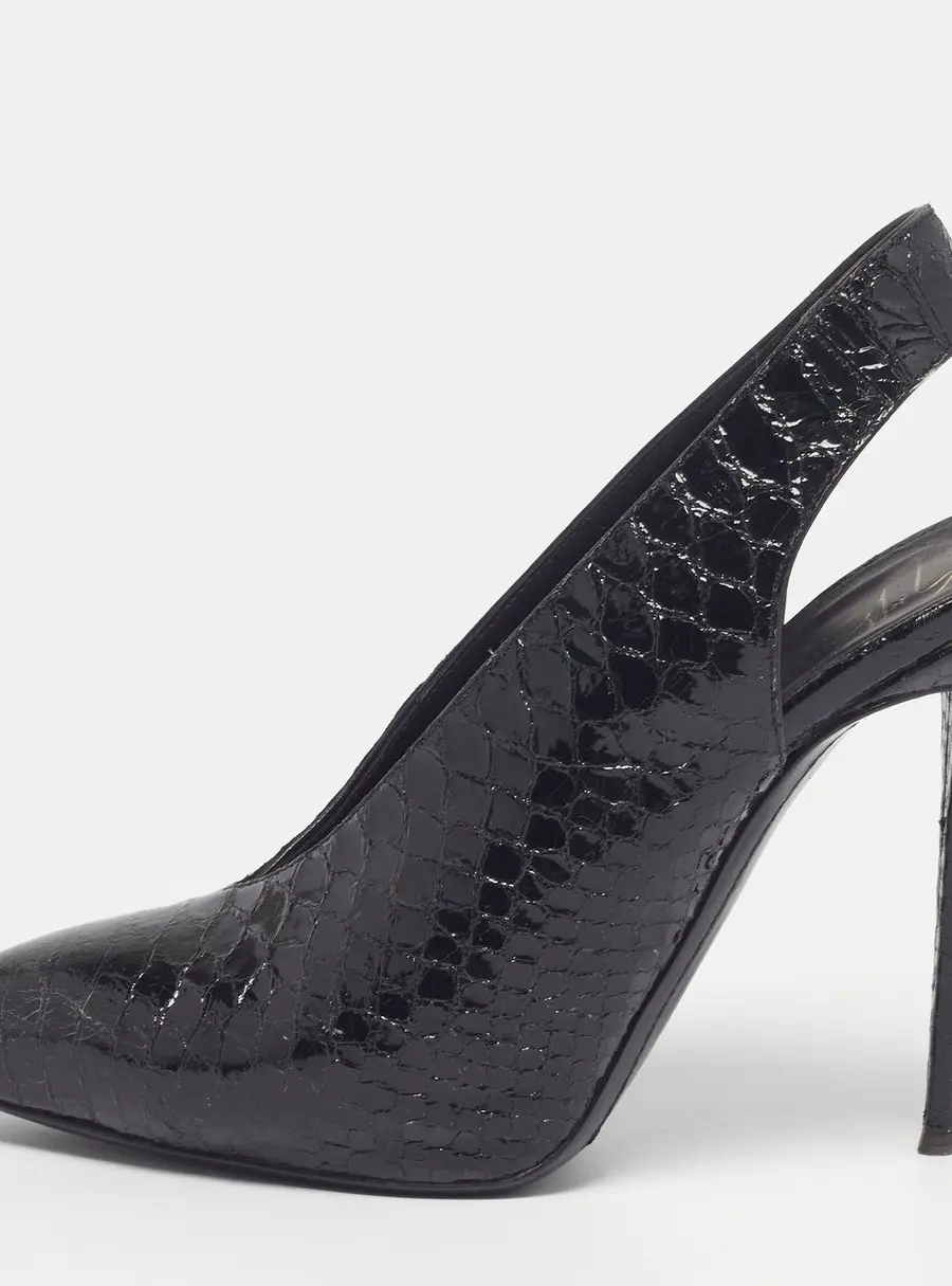 Giuseppe Zanotti Size 37 Black Snakeskin Embossed Patent Leather Slingback Pumps