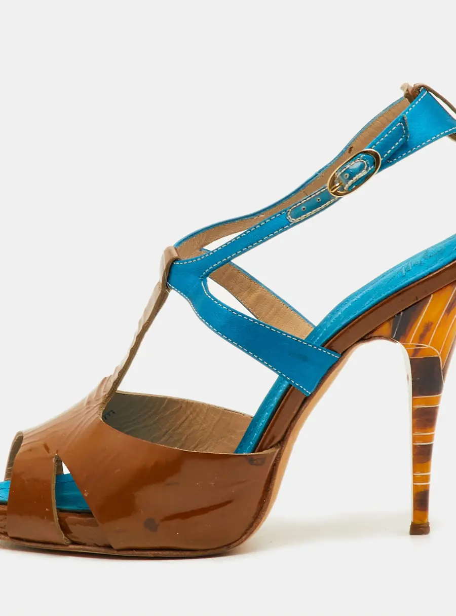 Giuseppe Zanotti Size 37.5 Brown/Blue Patent Leather and Satin T-Strap Sandals