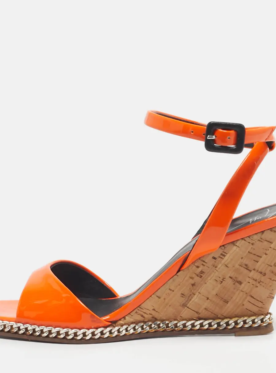 Giuseppe Zanotti Orange Patent Leather Chain Cork Wedge Ankle Strap Sandals Size 37.5