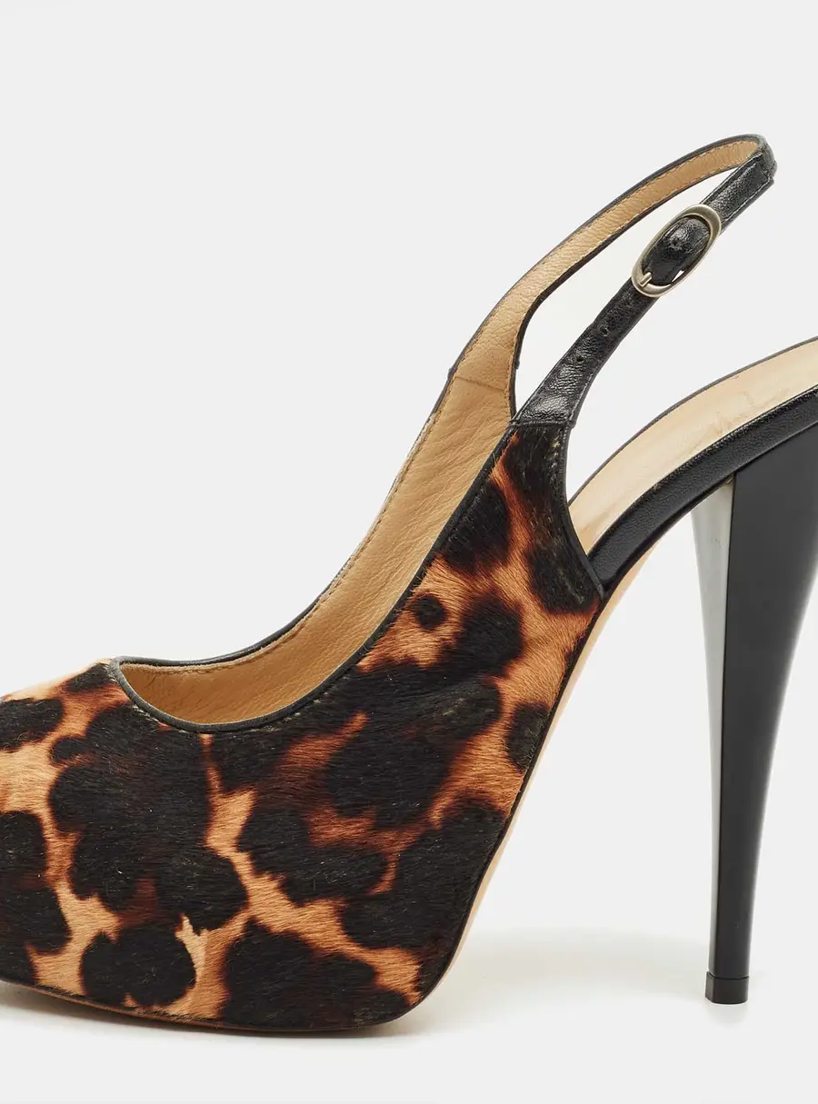 Giuseppe Zanotti Beige leopard Print Calf Hair and Leather Peep Toe Slingback Pumps Size 38