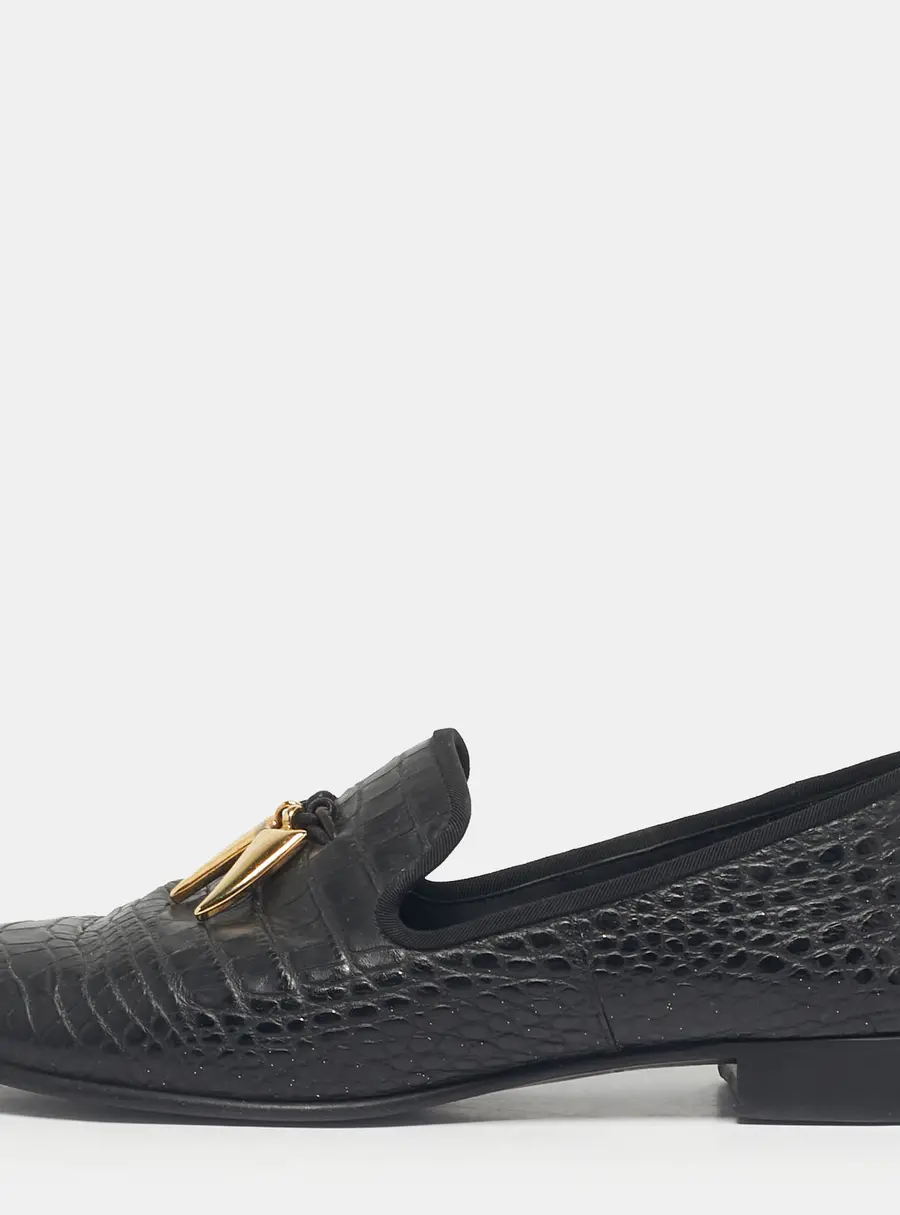Giuseppe Zanotti Black Croc Embossed Leather Shark Tooth Smoking Slippers Size 42