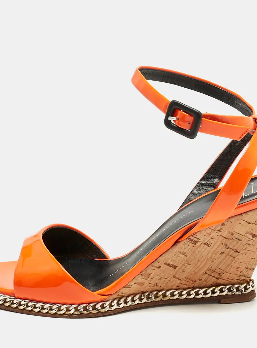 Giuseppe Zanotti Orange Patent Leather Ankle-Strap Chain Wedge Sandals Size 37
