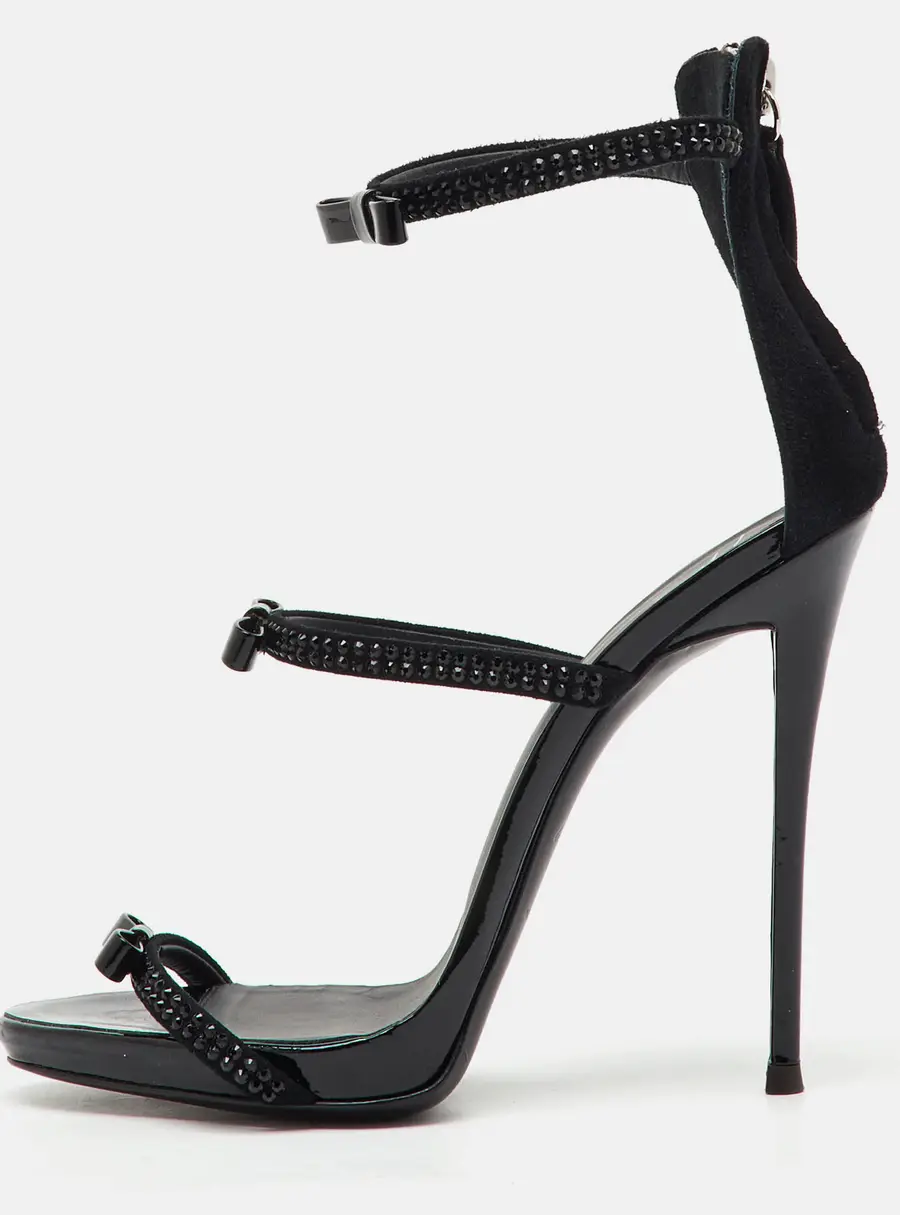 Giuseppe Zanotti Black Suede and Patent Leather Bow Harmony Ankle Strap Sandals Size 36