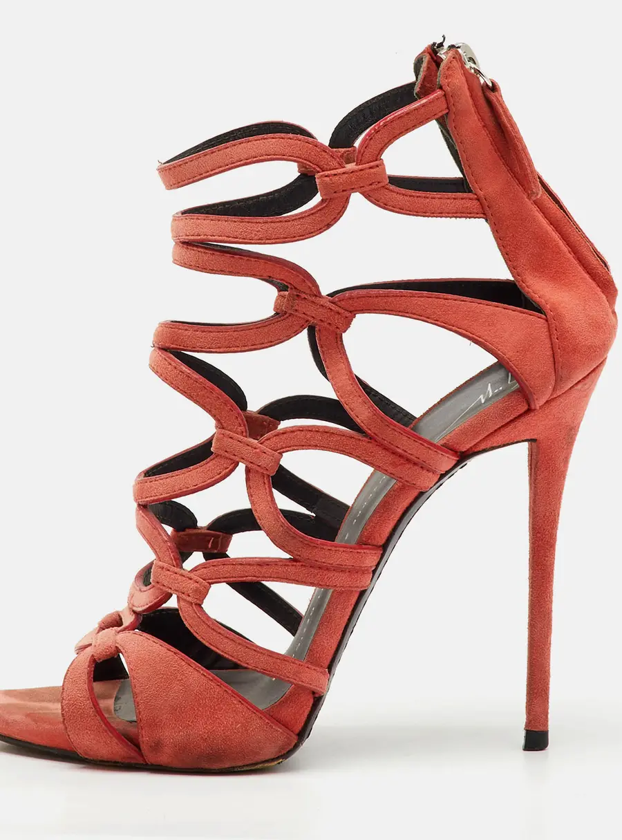 Giuseppe Zanotti Peach Orange Suede Cut Our Caged Ankle Strap Sandals Size 38