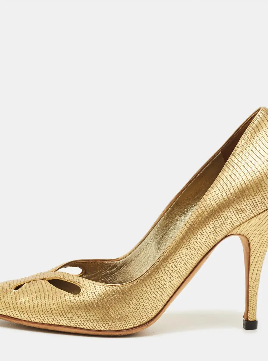Giuseppe Zanotti Metallic Gold Lizard Embossed Leather Cut Out Pumps Size 37.5