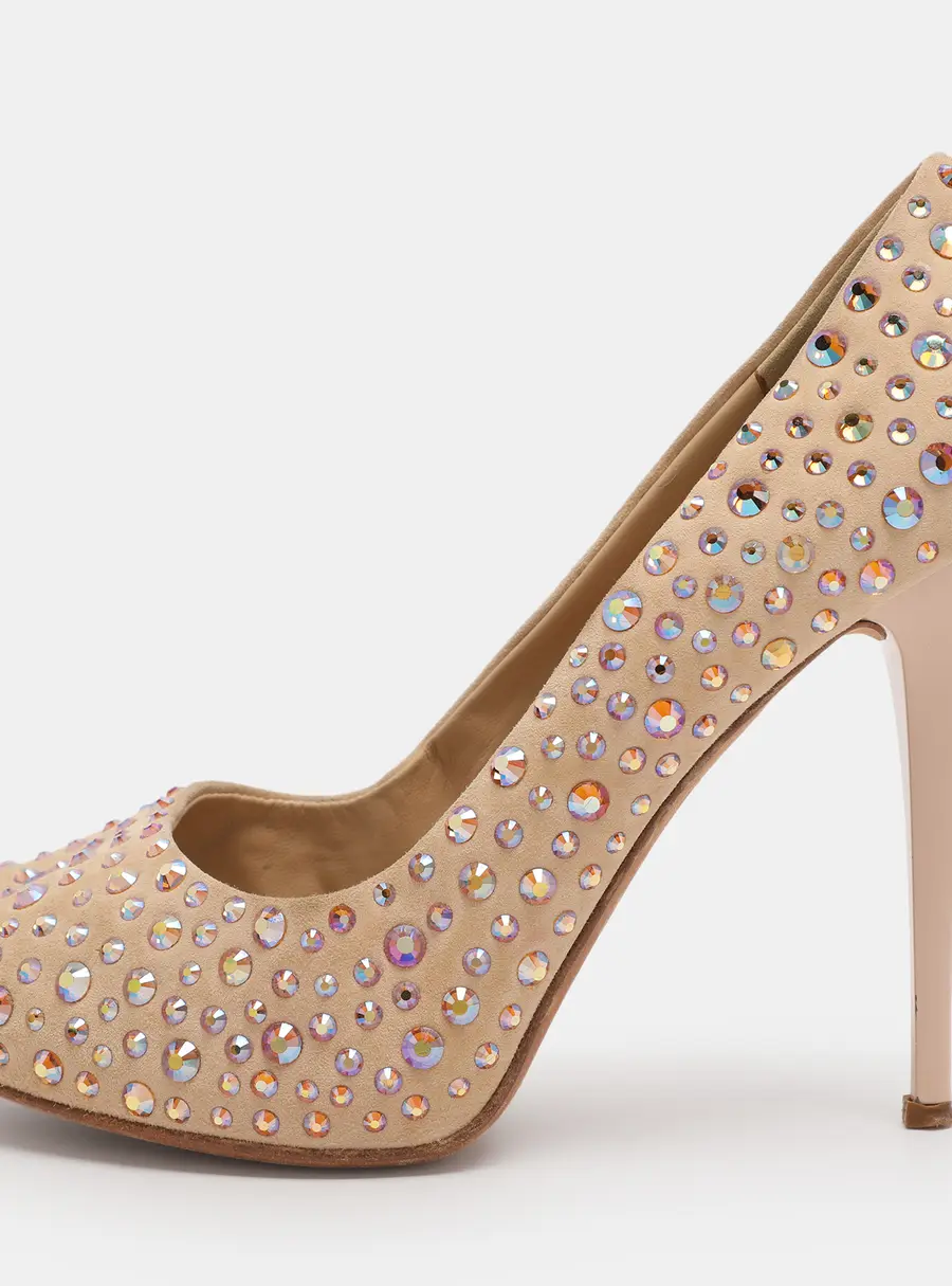 Giuseppe Zanotti Beige Suede Crystal Embellished Peep Toe Pumps Size 40