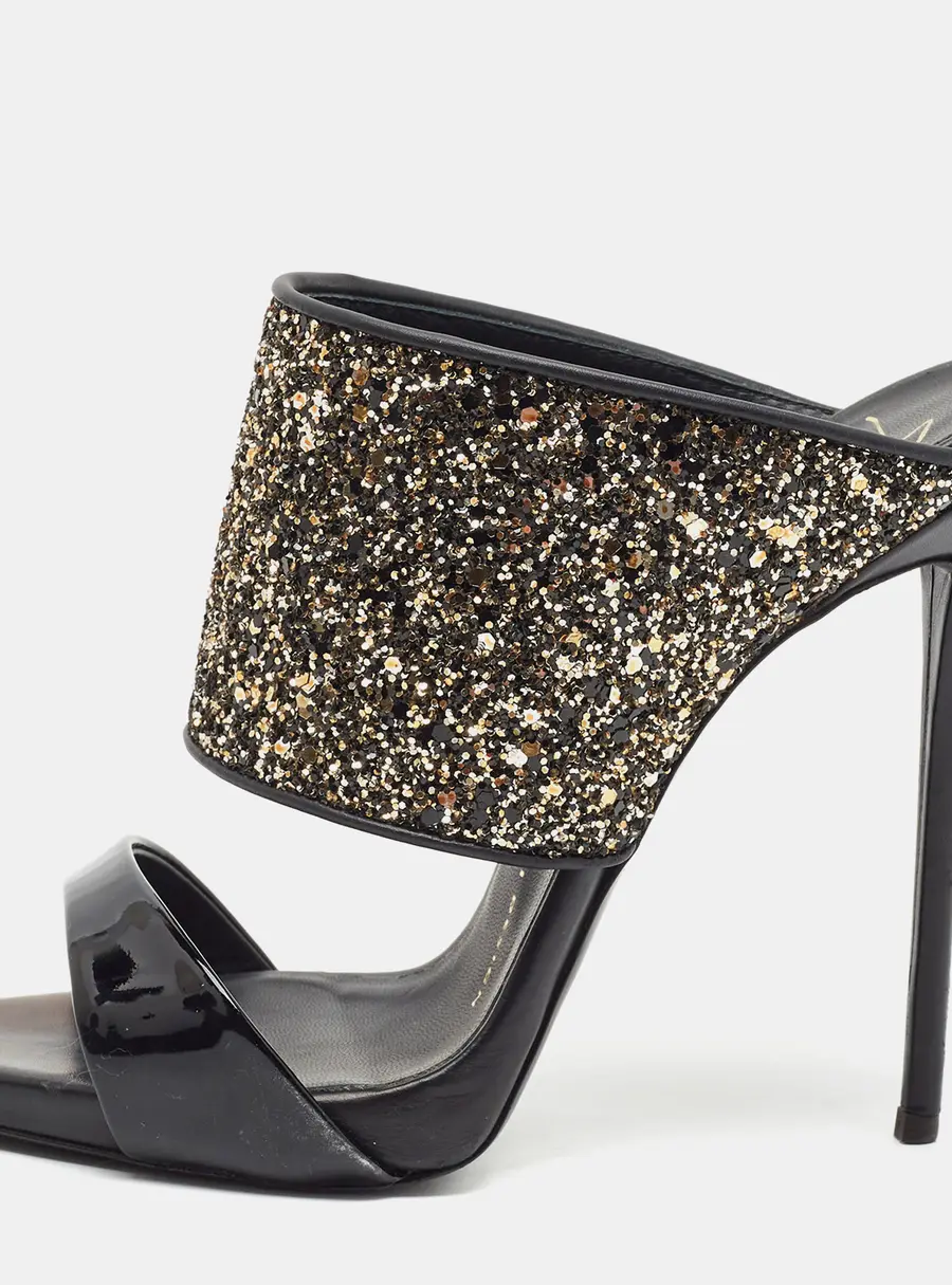 Giuseppe Zanotti Andrea Size 37 Black/Gold Glitter and Patent Leather Slide Sandals
