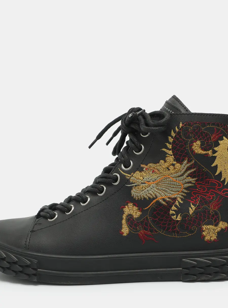 Giuseppe Zanotti Size 42 Black Dragon Embroidered Leather Ankle Length Boots