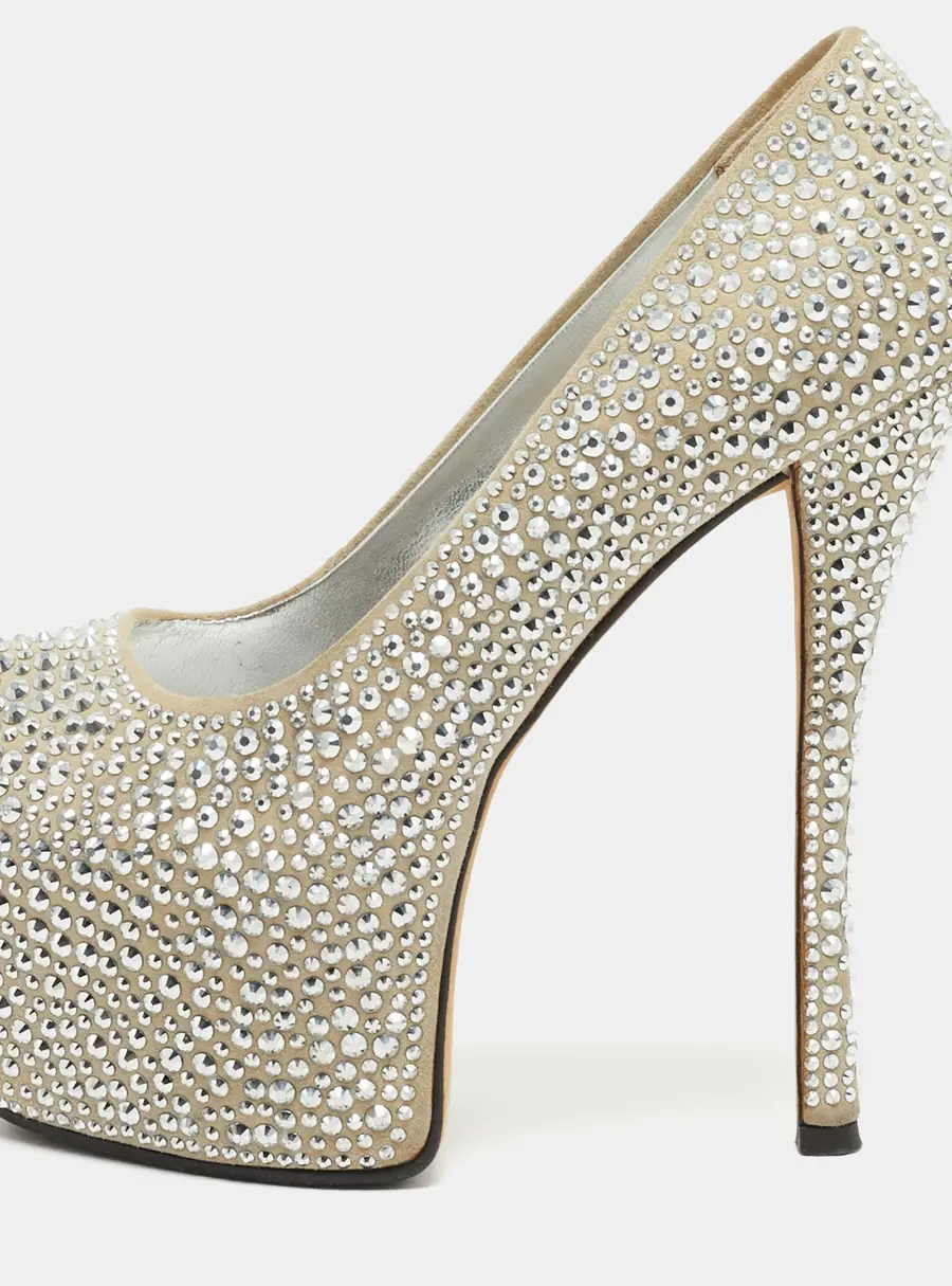 Giuseppe Zanotti Liza Size 37 Beige Suede Crystal Embellished Peep Toe Platform Pumps