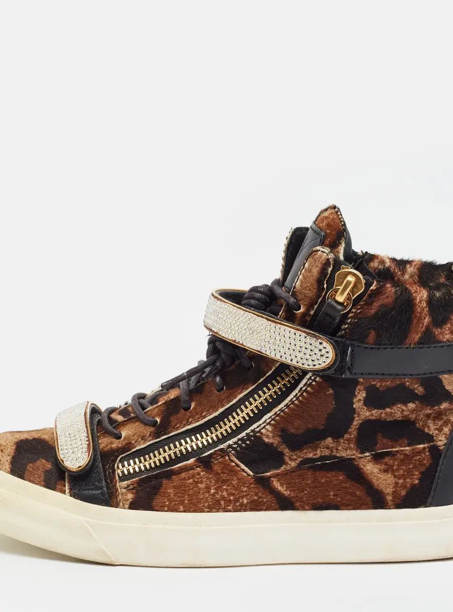Giuseppe Zanotti Coby Size 39.5 Brown Leopard Print Calf Hair and Leather Crystal Embellished High Top Sneakers