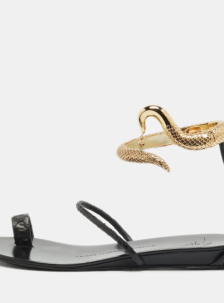 Giuseppe Zanotti Size 36 Black Python Embossed Leather Kay Gold Ankle Strap Flat Sandals