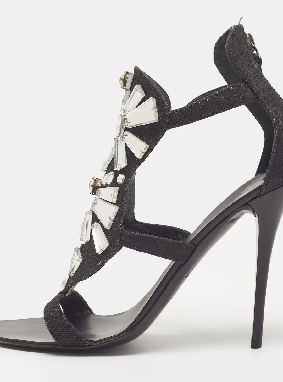 Giuseppe Zanotti Size 38 Black Canvas Mirror Embellished Open Toe Sandals