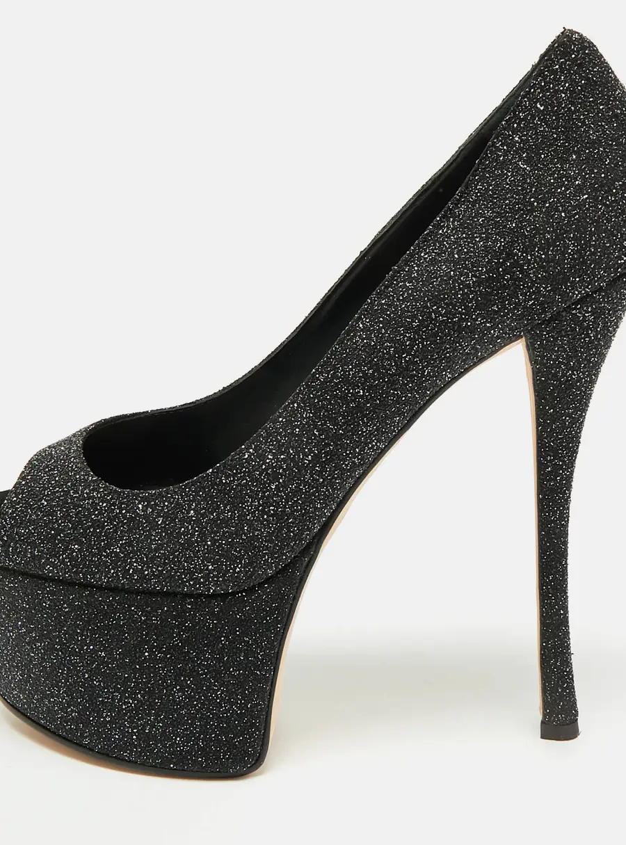 Giuseppe Zanotti Sharon Size 39.5 Black Glitter Platform Peep Toe Pumps