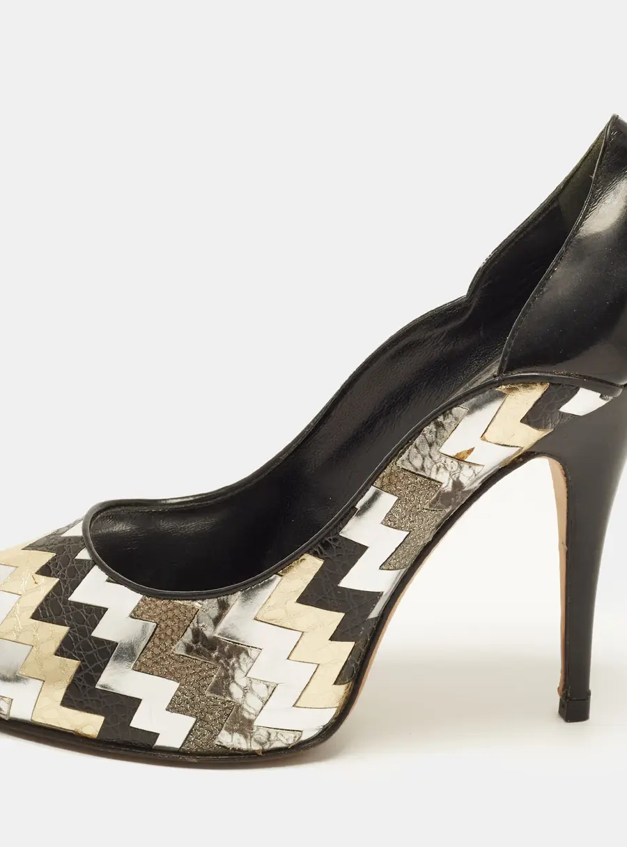Giuseppe Zanotti Size 40.5 Tricolor Croc Embossed Leather and Patent Zigzag Peep Toe Pumps