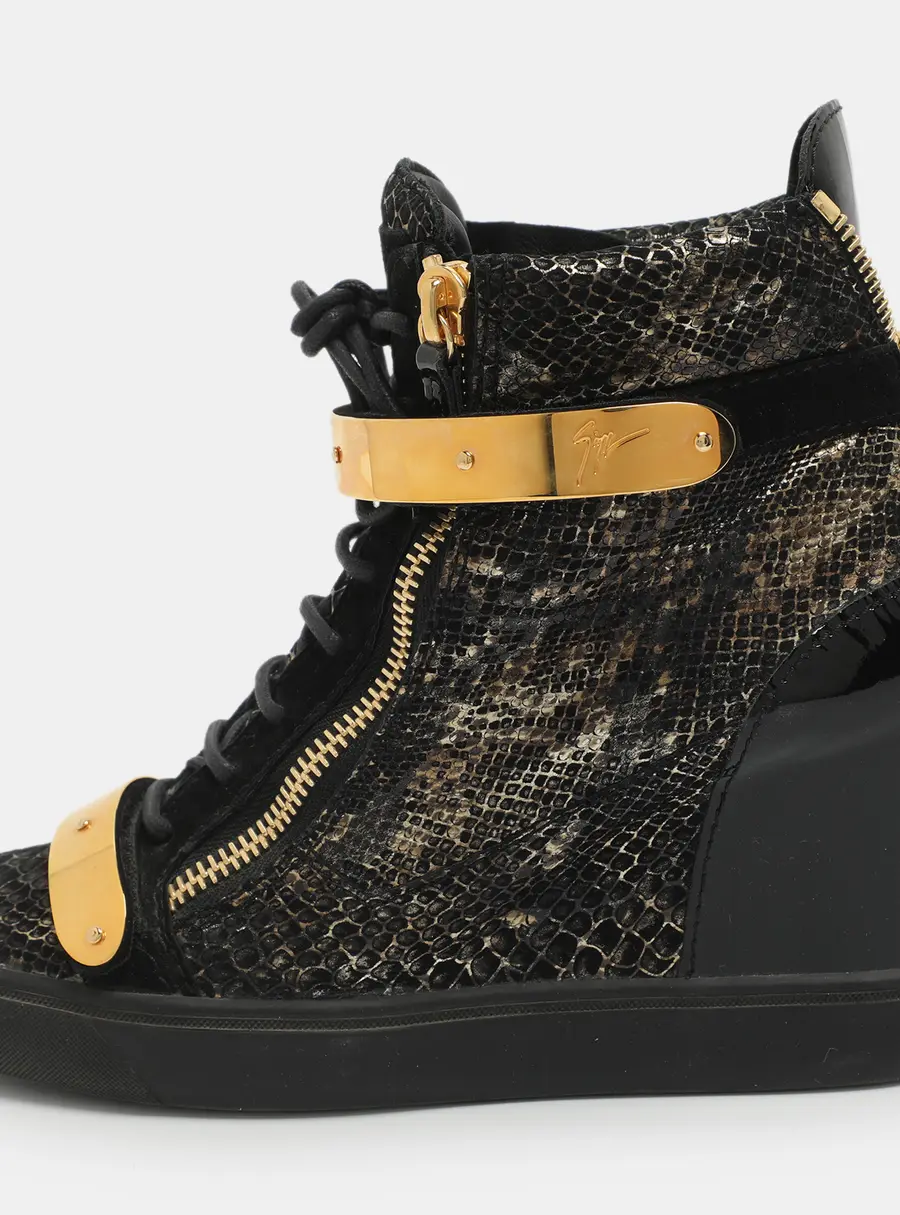 Giuseppe Zanotti Coby Size 41 Black/Gold Python Print Leather High Top Sneakers
