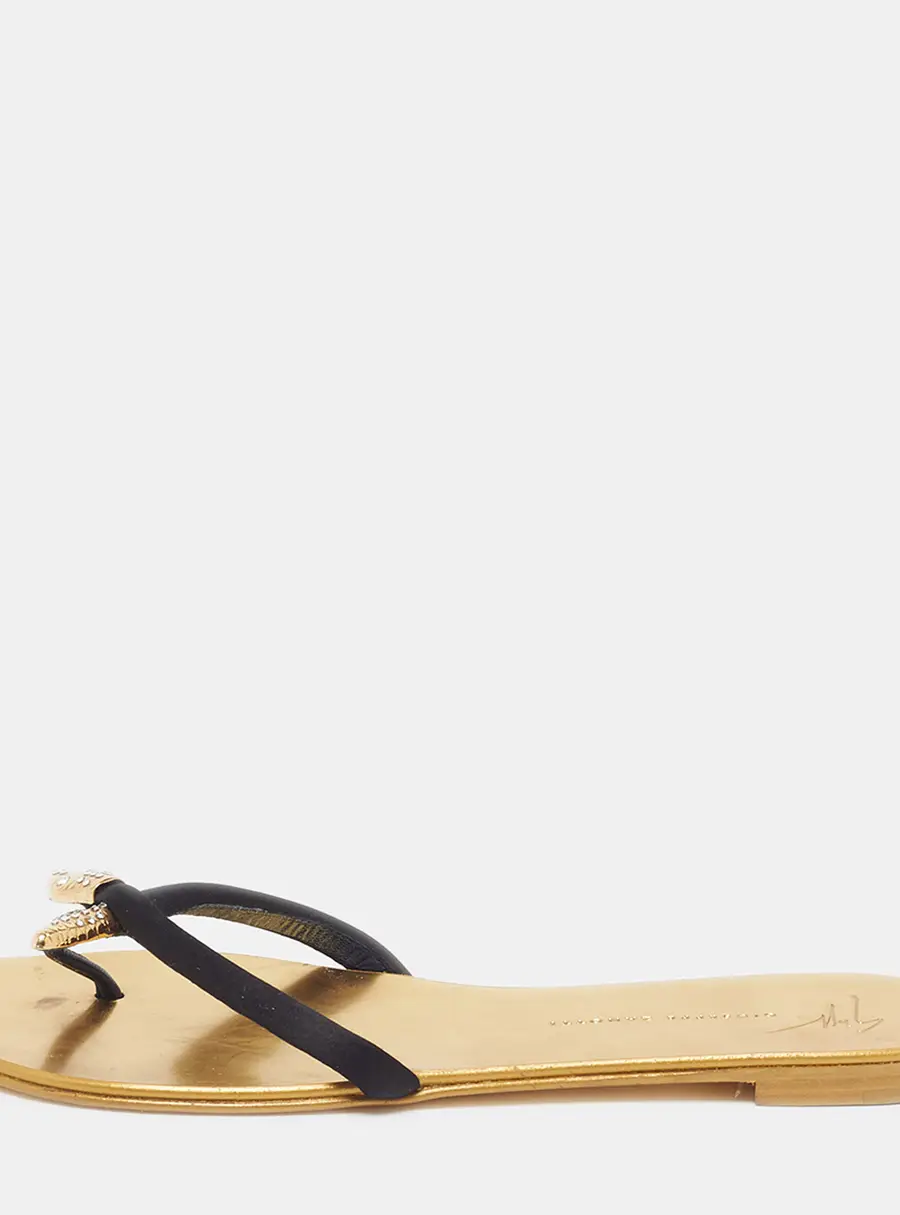 Giuseppe Zanotti Size 39 Black Satin Thong Flat Slides