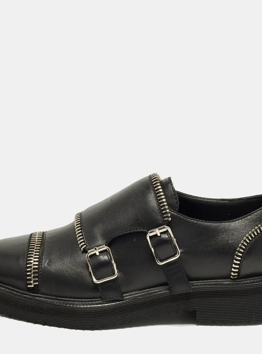 Giuseppe Zanotti Zipper Detail Size 36 Black Leather Double Monk Strap Oxford Shoes