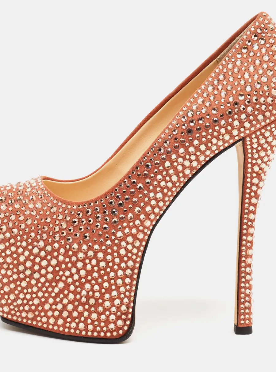 Giuseppe Zanotti Liza Size 36 Orange Suede Crystal Embellished Platform Peep Toe Pumps