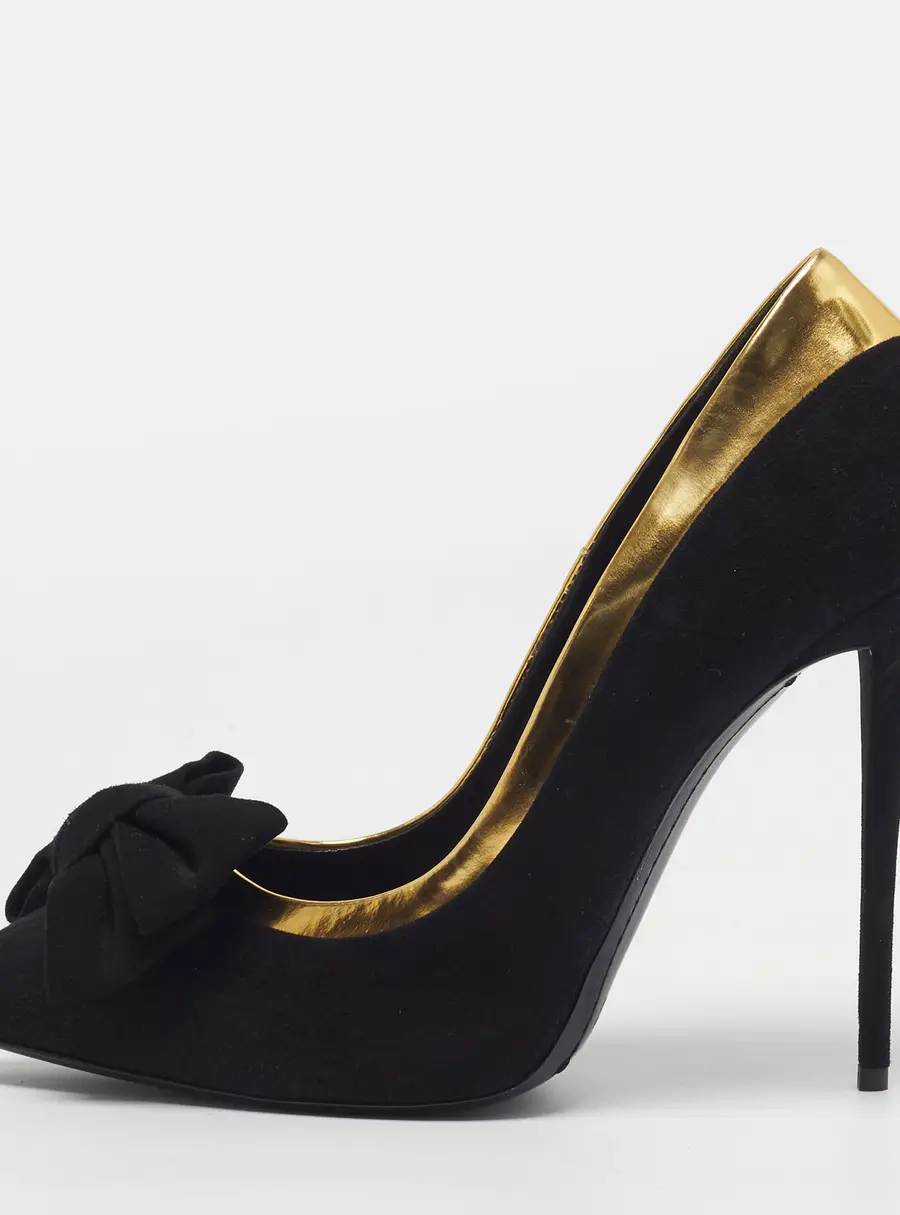 Giuseppe Zanotti Size 40  Gold/Black Leather and Suede Bow Pointed Toe Pumps