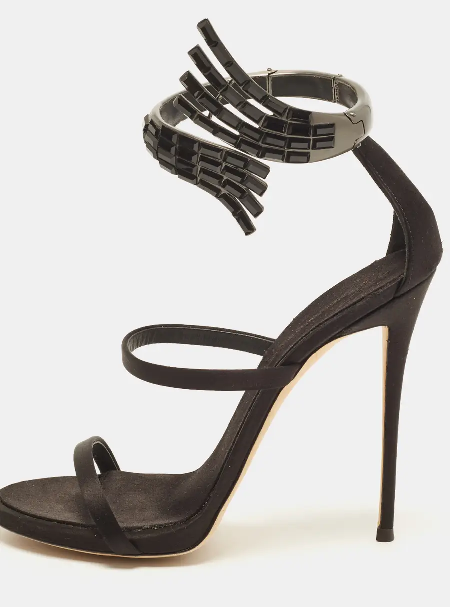 Giuseppe Zanotti Vera Size 40 Black Satin Crystal Embellished Ankle Cuff Sandals