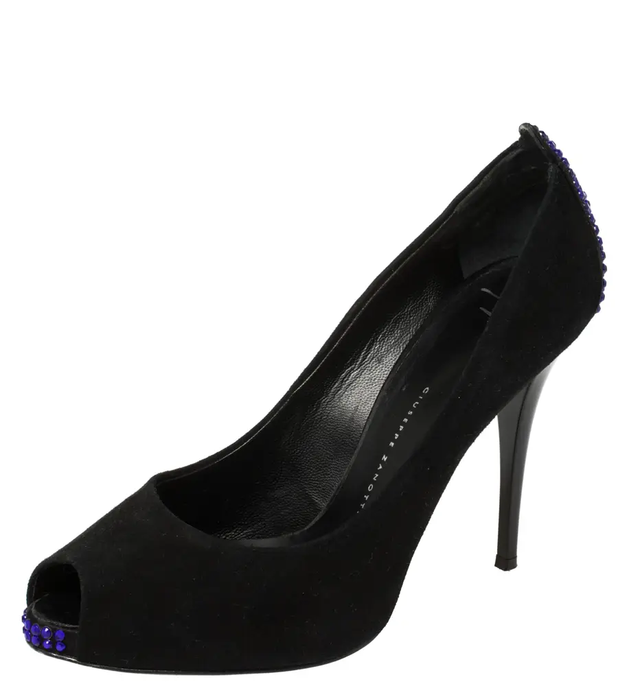 Giuseppe Zanotti Black Suede Embellished Peep Toe Pumps Size 37.5