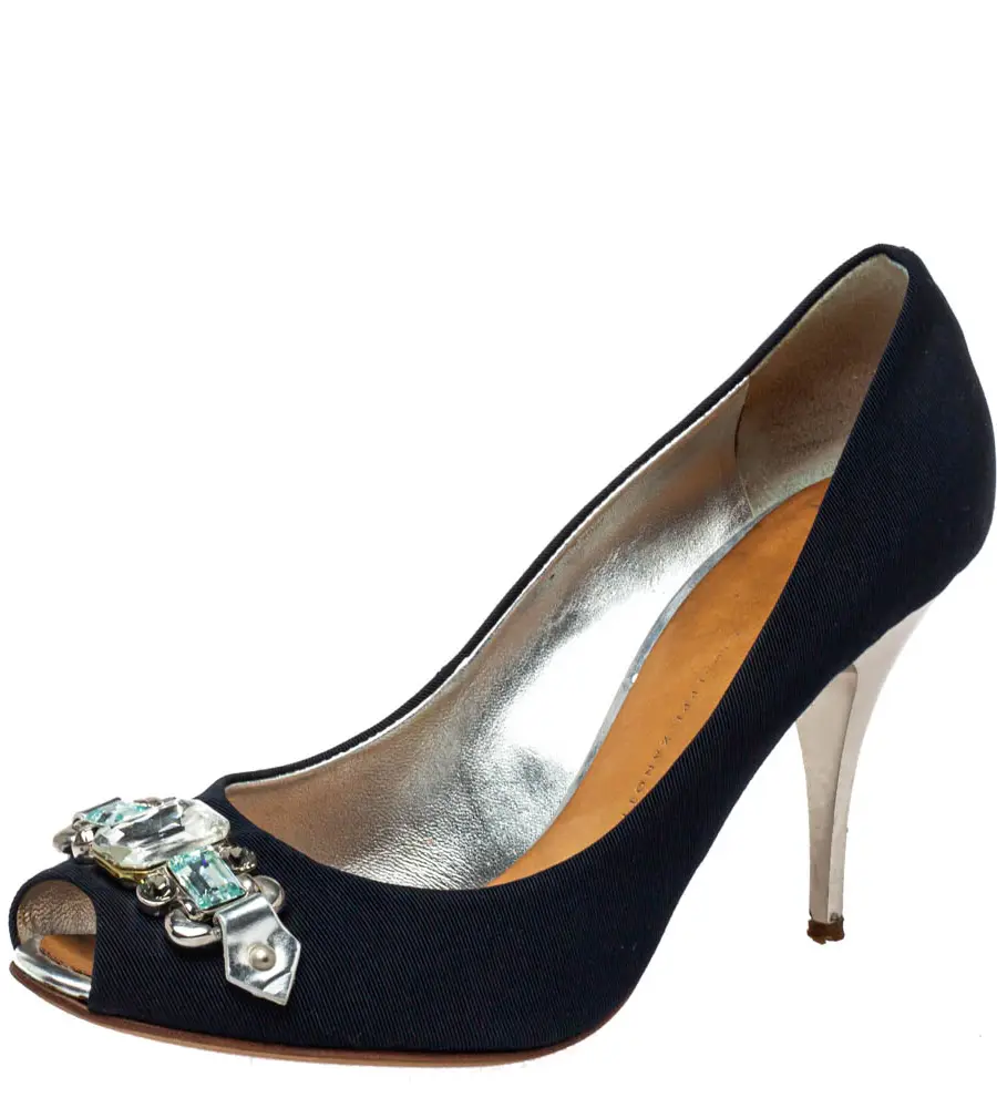 Giuseppe Zanotti Blue Fabric Embellished Peep Toe Pumps Size 38.5