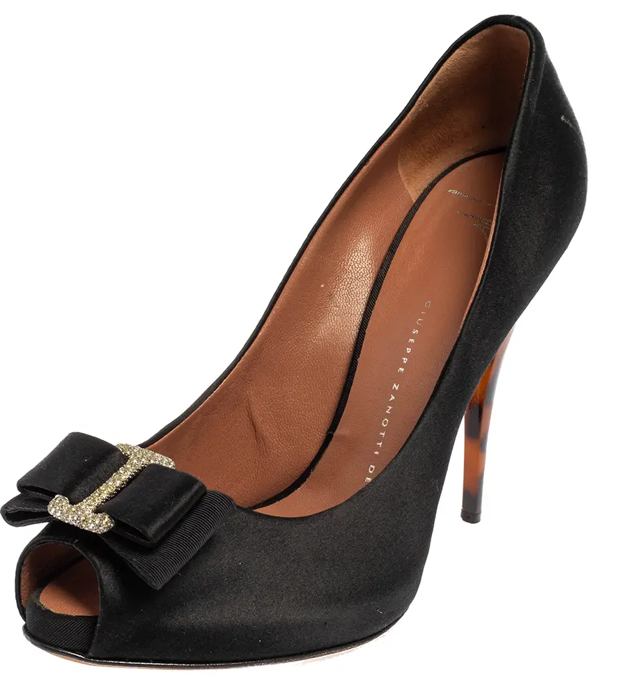 Giuseppe Zanotti Black Satin Bow Embellished Peep Toe Pumps Size 38.5