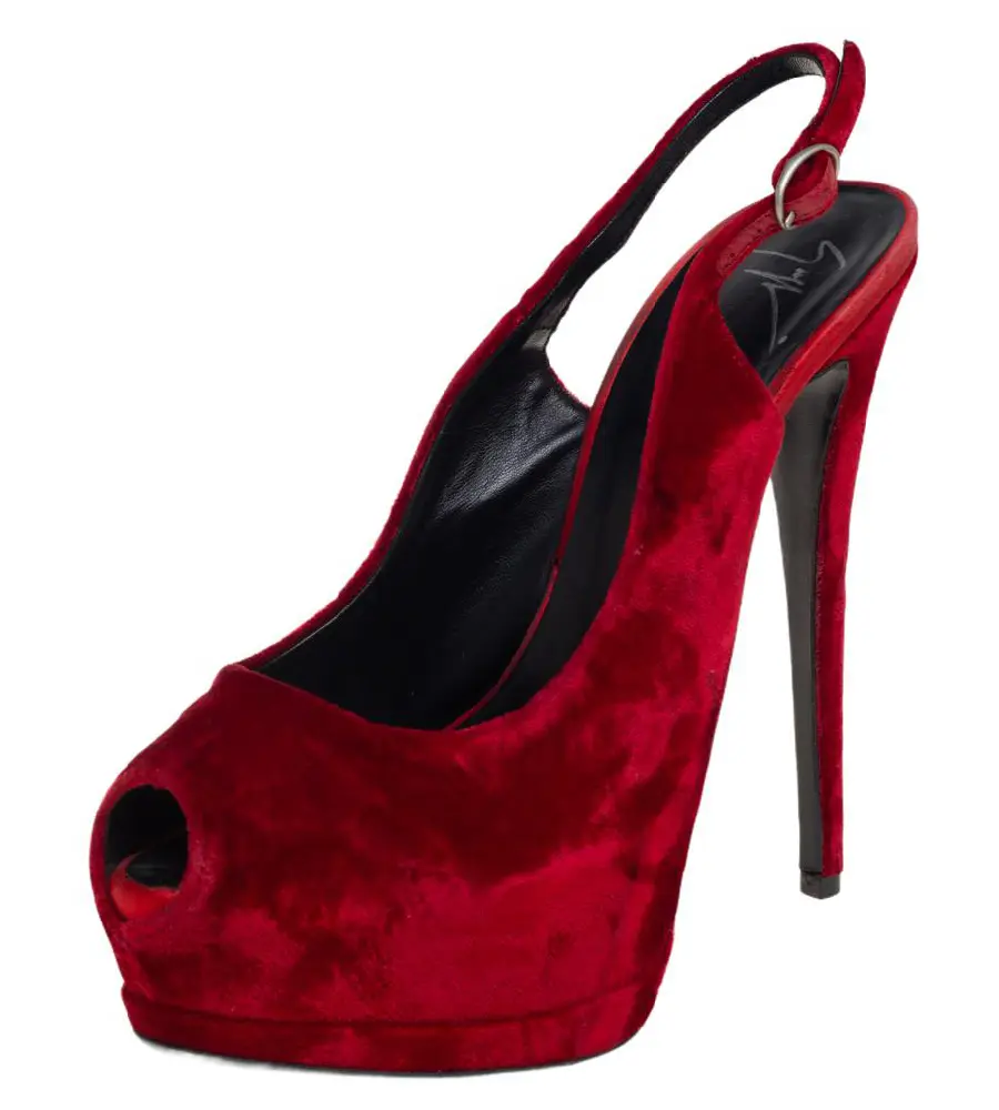 Giuseppe Zanotti Red Velvet Peep Toe Slingback Platform Sandals Size 38.5