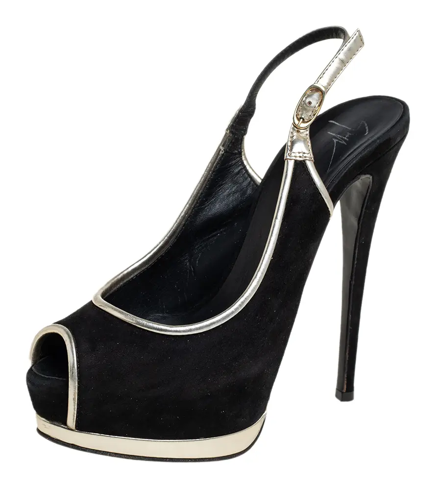 Guiseppe Zannotti Black/Silver Suede And Leather Trim Peep Toe Slingback Platform Sandals Size 37.5