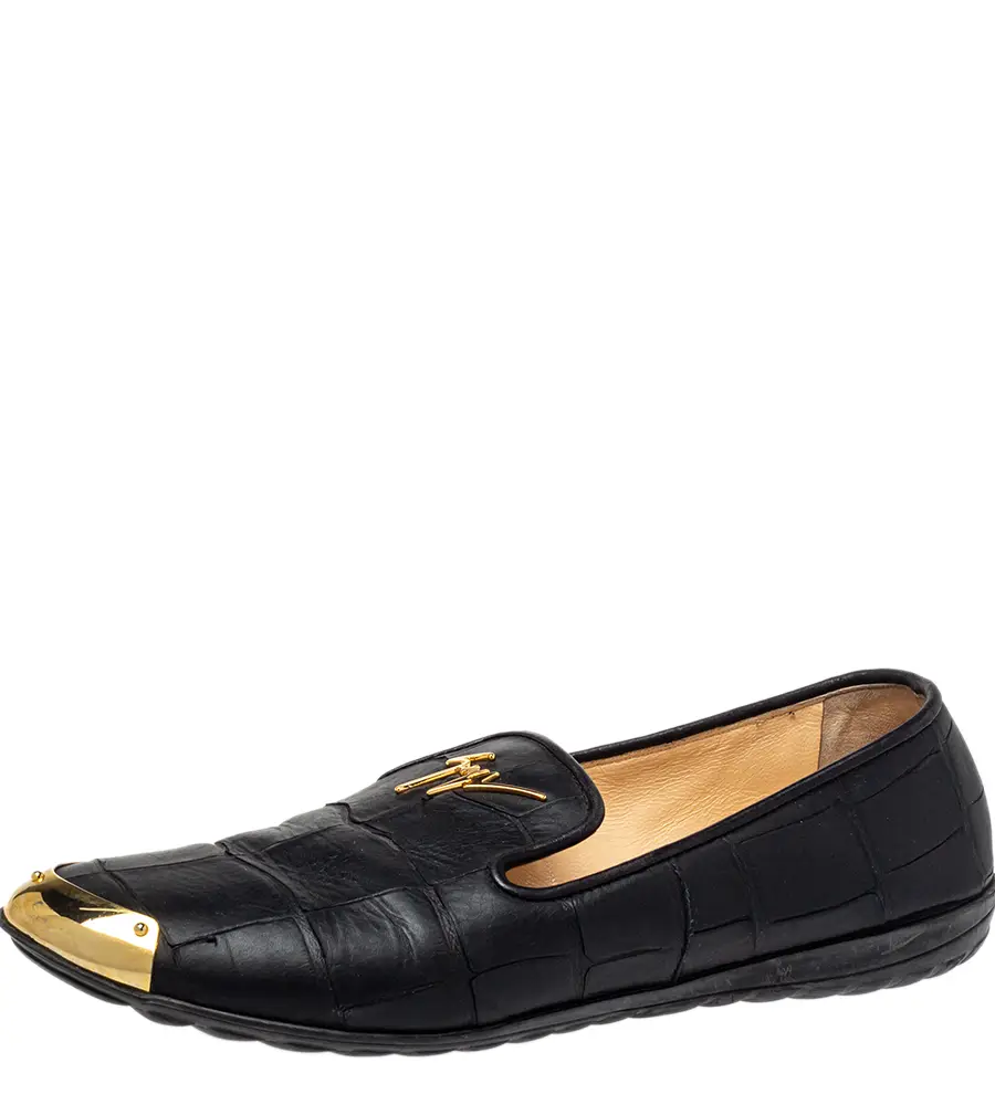 Giuseppe Zanotti Black Croc Embossed Leather Slip On Loafers Size 37.5
