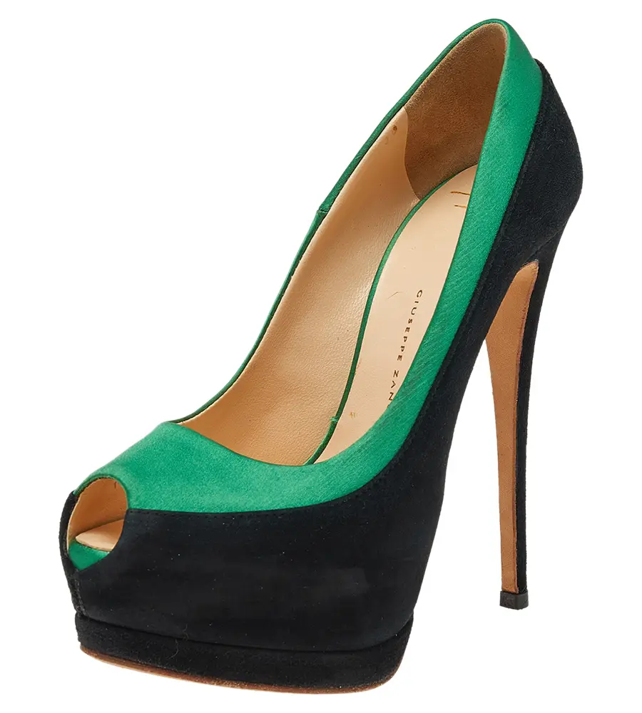 Giuseppe Zanotti Black/Green Satin and Suede Peep Toe Platform Pumps Size 36