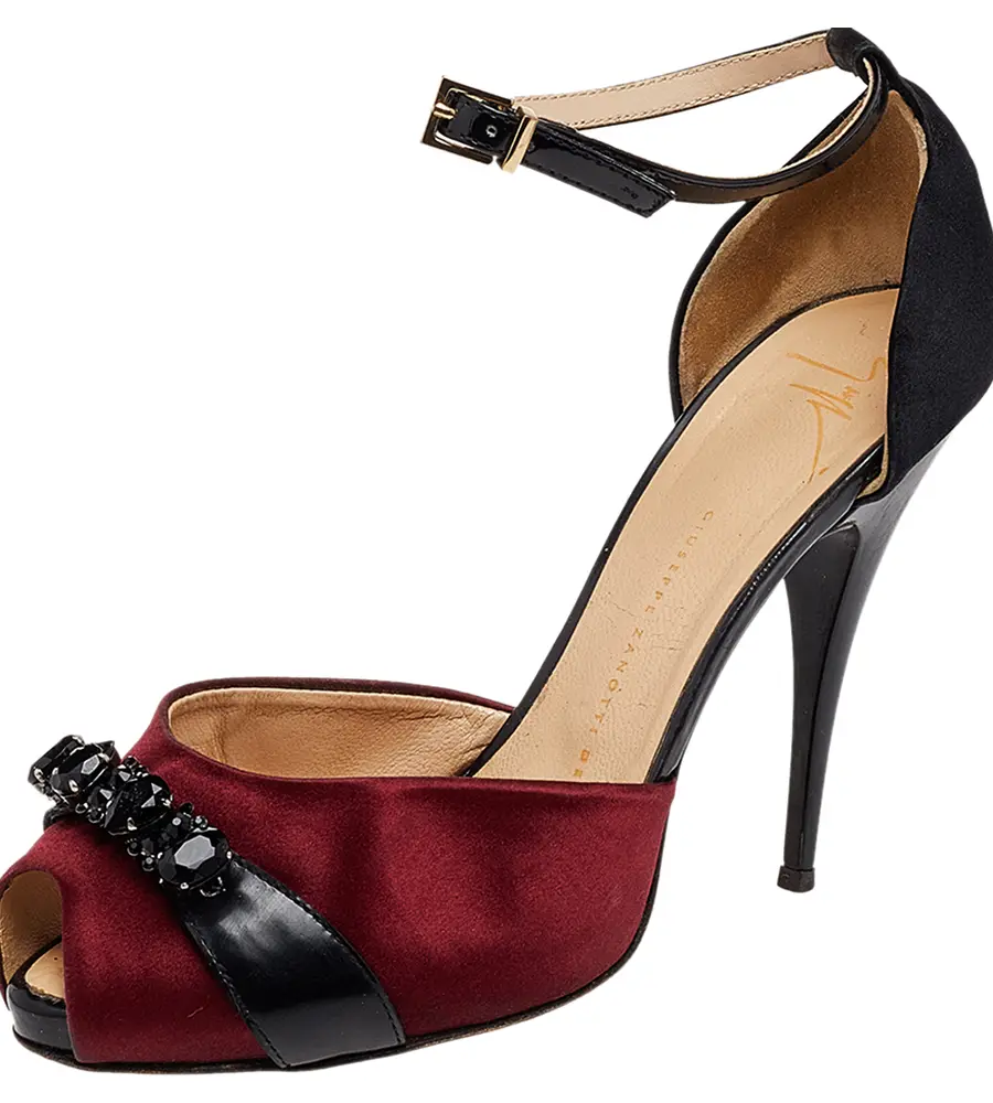 Giuseppe Zanotti Black/Burgundy Satin And Leather Slingback Sandals Size 38