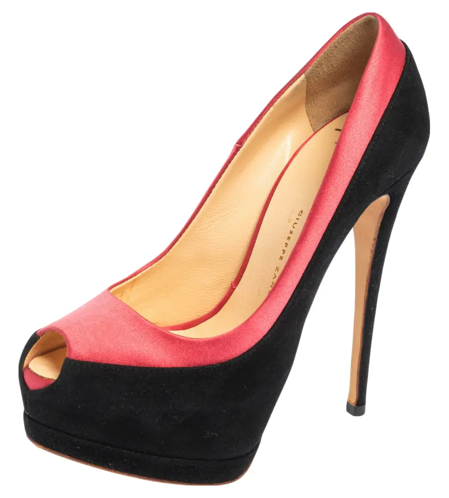 Giuseppe Zanotti Black/Pink Suede and Satin Peep Toe Platform Pumps Size 36