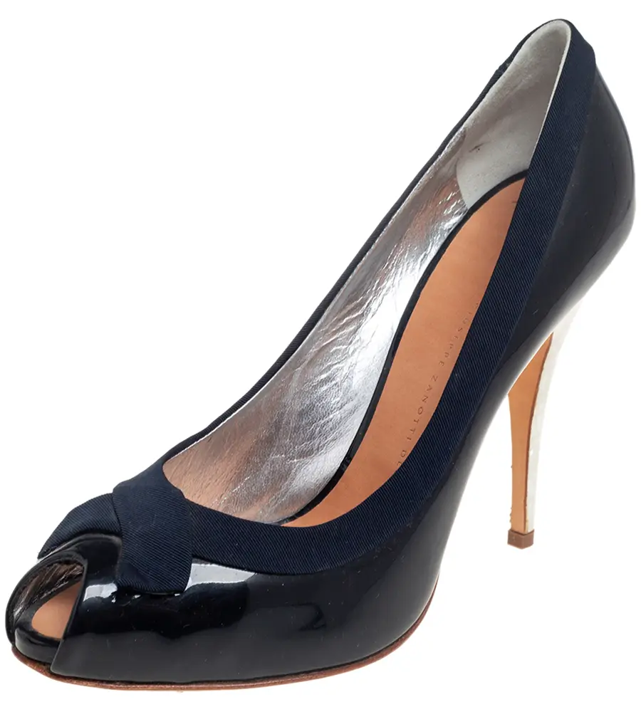 Giuseppe Zanotti Navy Blue Patent Leather Peep Toe Pumps Size 41