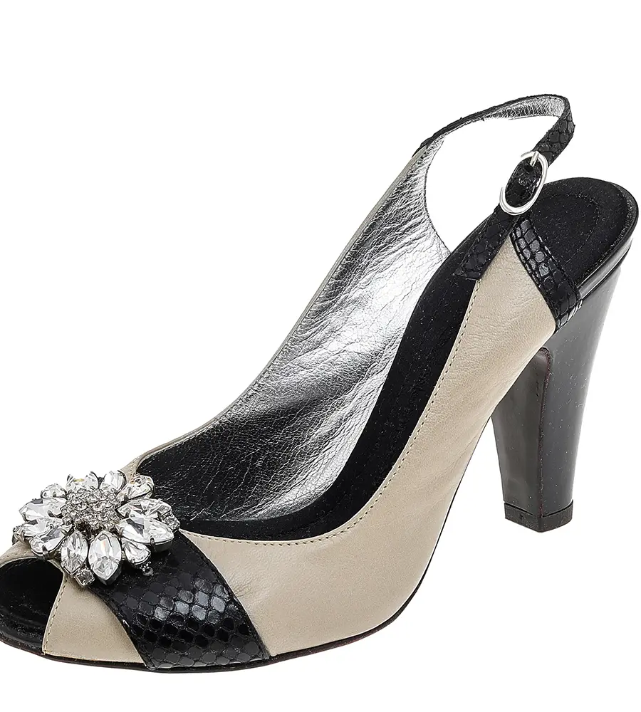 Giuseppe Zanotti Beige/Black Leather And Python Embossed Leather Embellished Slingback Sandals Size 37.5
