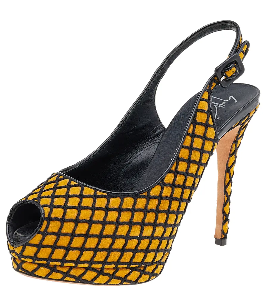 Giuseppe Zanotti Yellow/Black Suede And Fabric Platform Peep Toe Slingback Sandals Size 38.5