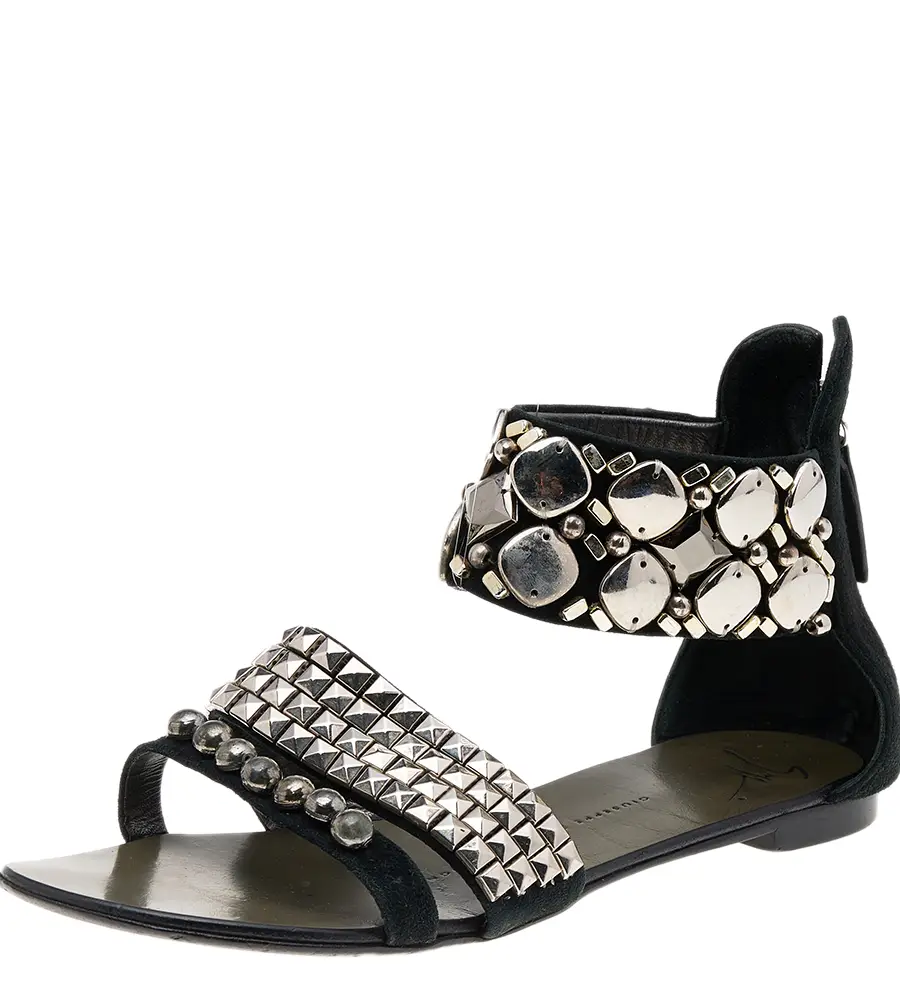 Giuseppe Zanotti Black Suede Studded Ankle Cuff Flat Sandals Size 36