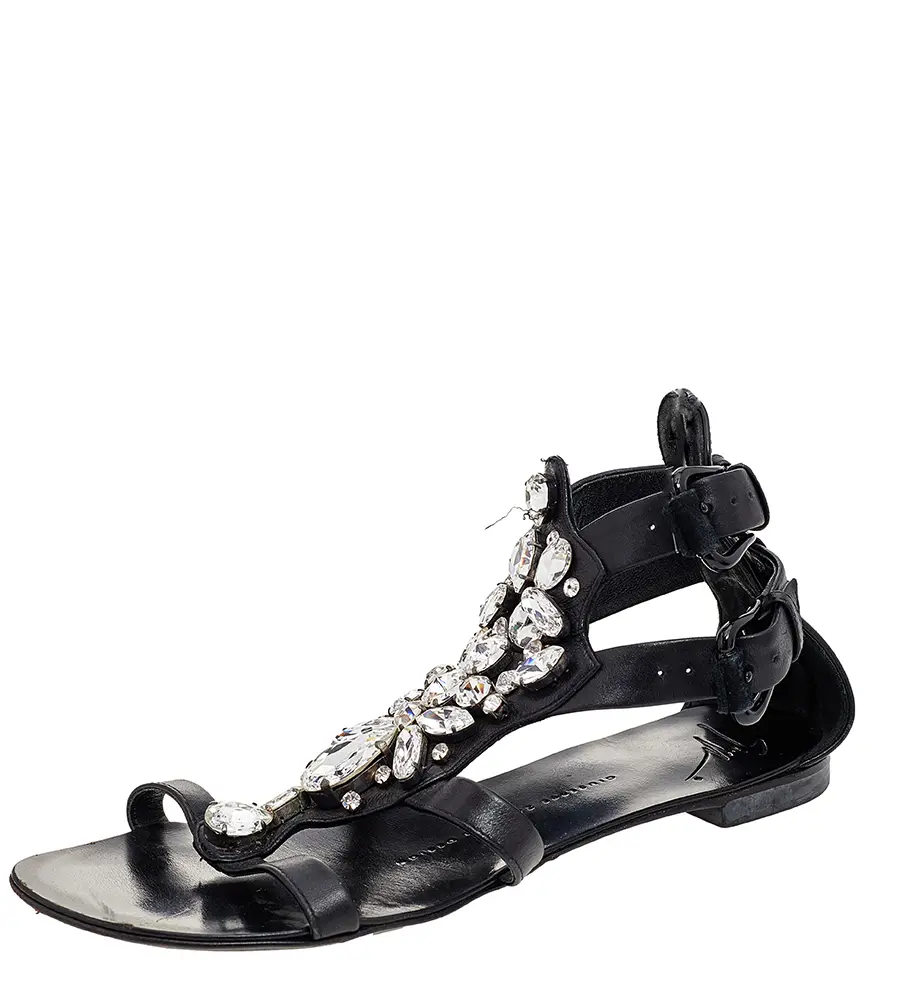 Giuseppe Zanotti Black Leather Crystal Embellished Ankle Strap Flat Sandals Size 36