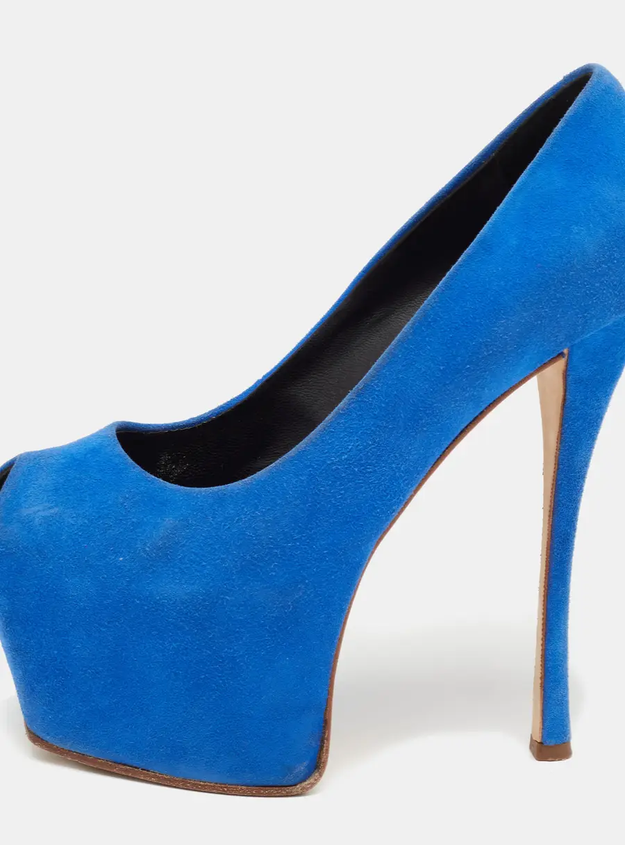 Giuseppe Zanotti Blue Suede Sharon Peep Toe Platform Pumps Size 36.5