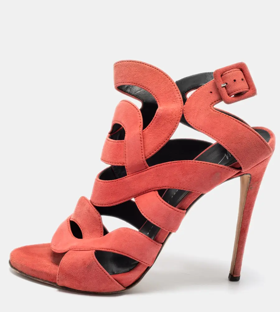 Giuseppe Zanotti Coral Pink Suede Cut Out Cage Sandals Size 40