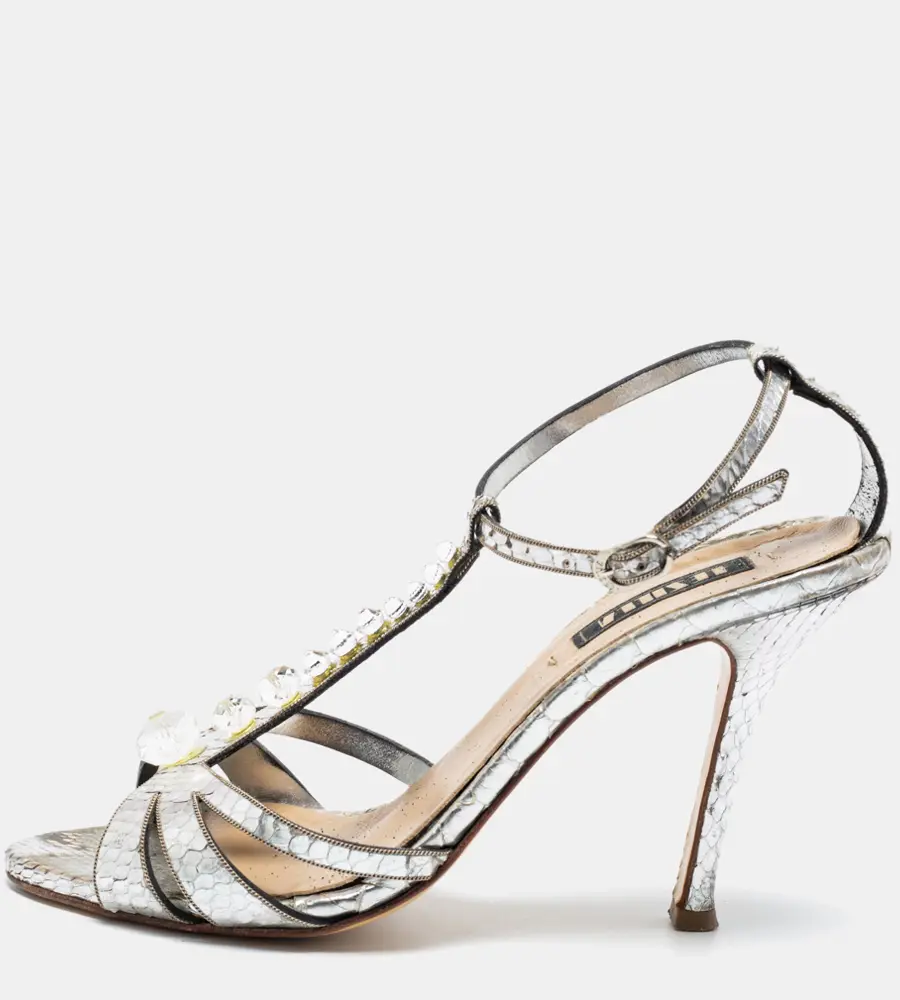 Le Silla Silver Python Embossed Leather T-Strap Platform Sandals Size 37.5