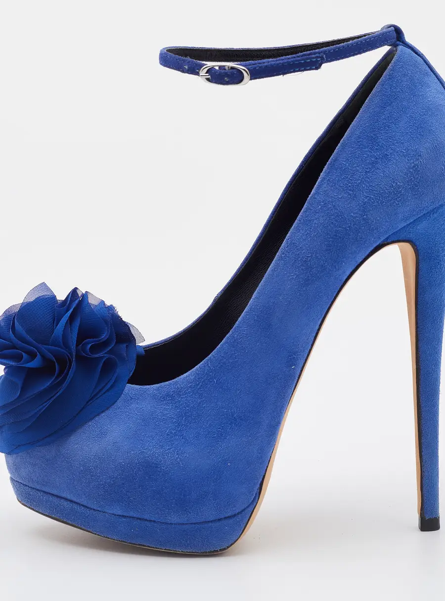 Giuseppe Zanotti Blue Suede Flower Applique Peep Toe Platform Ankle Strap Pumps Size 37