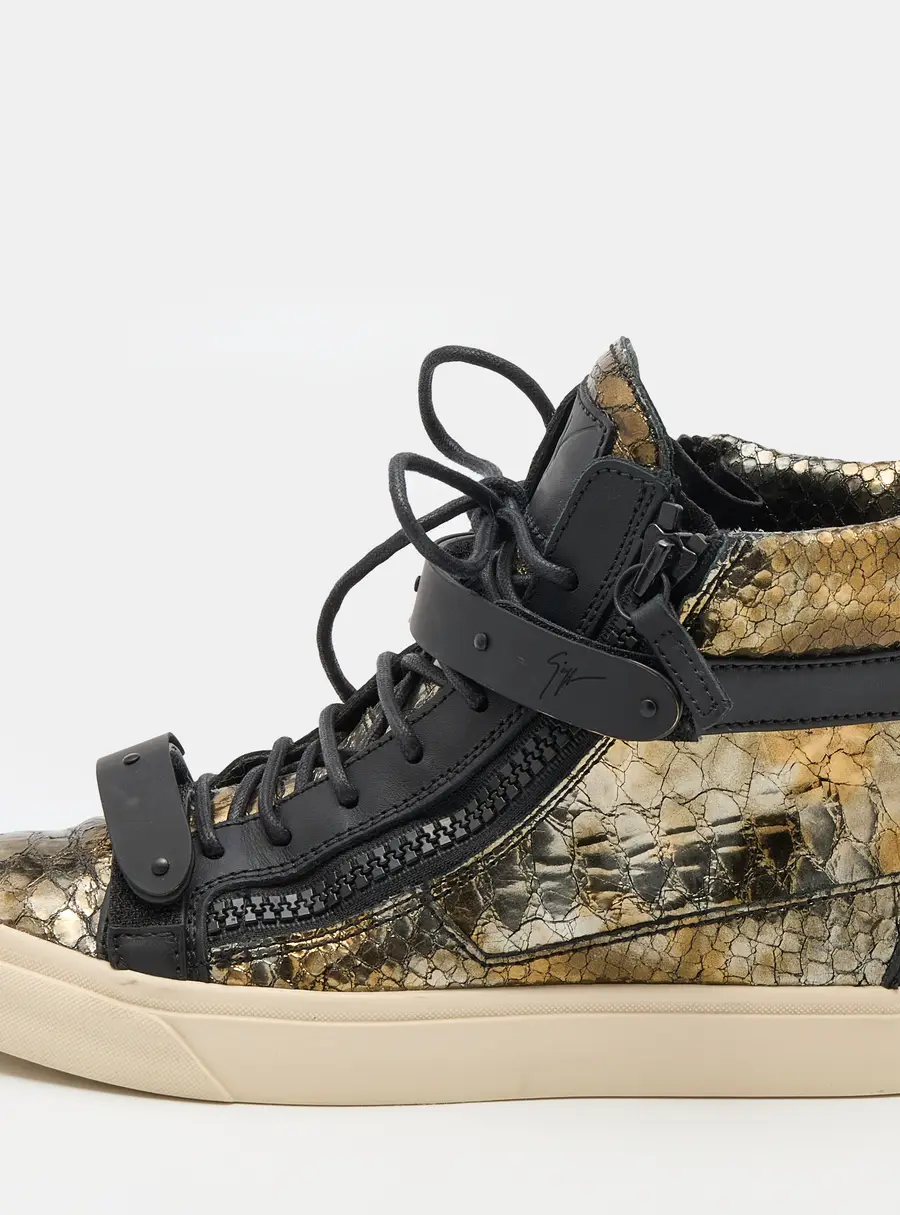 Giuseppe Zanotti Gold/Black Python Embossed Leather Coby High Top Sneakers Size 37
