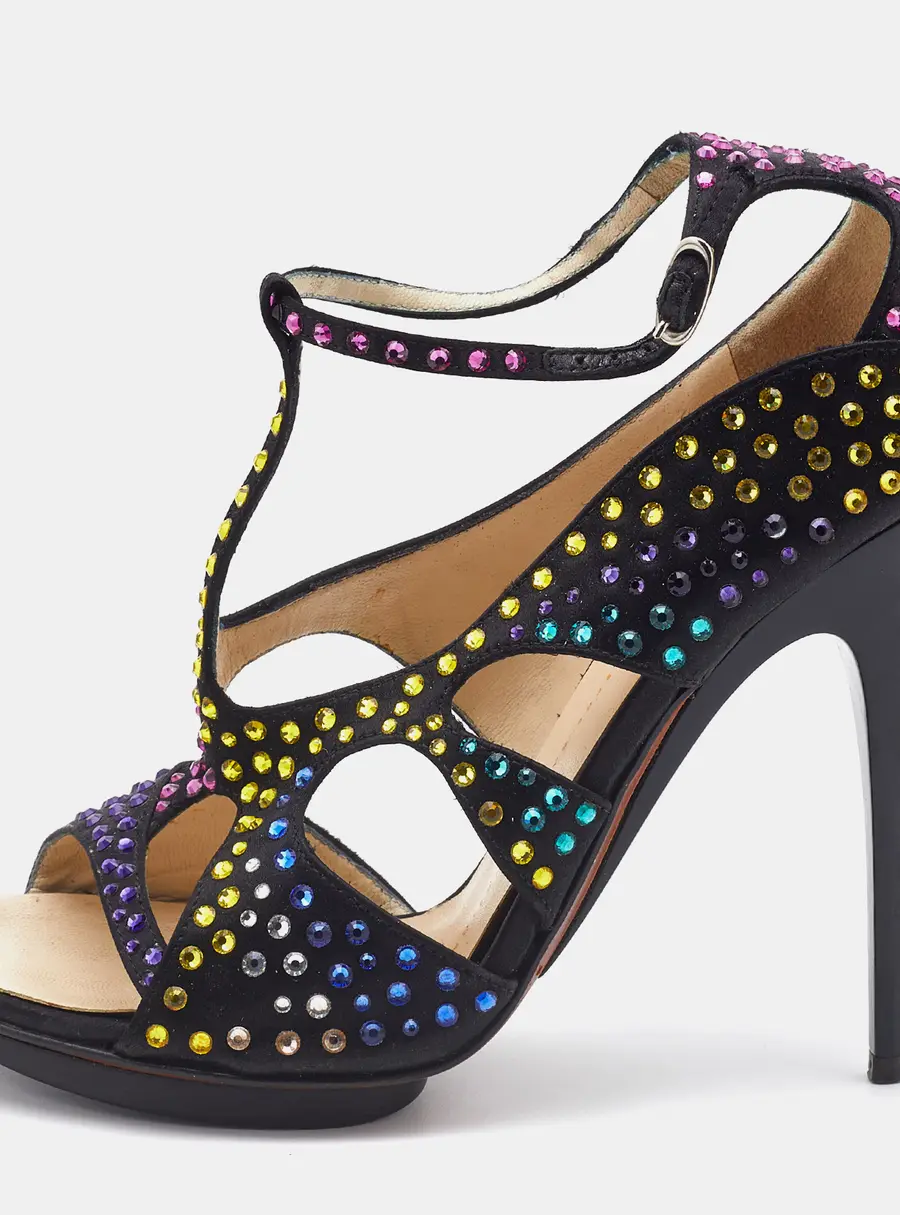 Giuseppe Zanotti Black Satin Crystal Embellished Strappy Sandals Size 38