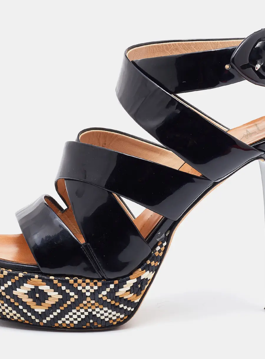 Giuseppe Zanotti Black Patent Leather Woven Platform Ankle Strap Sandals Size 37
