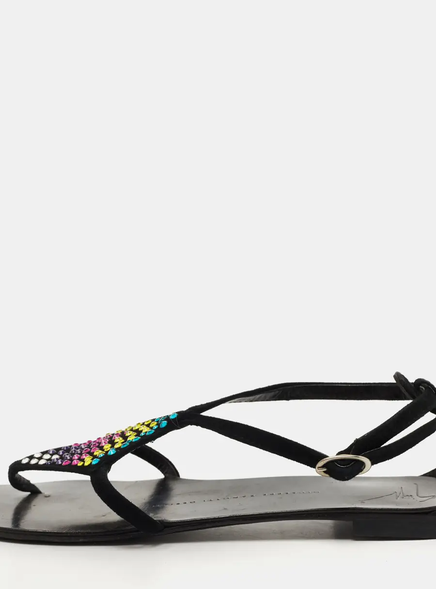 Giuseppe Zanotti Black Suede Crystal Embellished Thong Flat Sandals Size 36