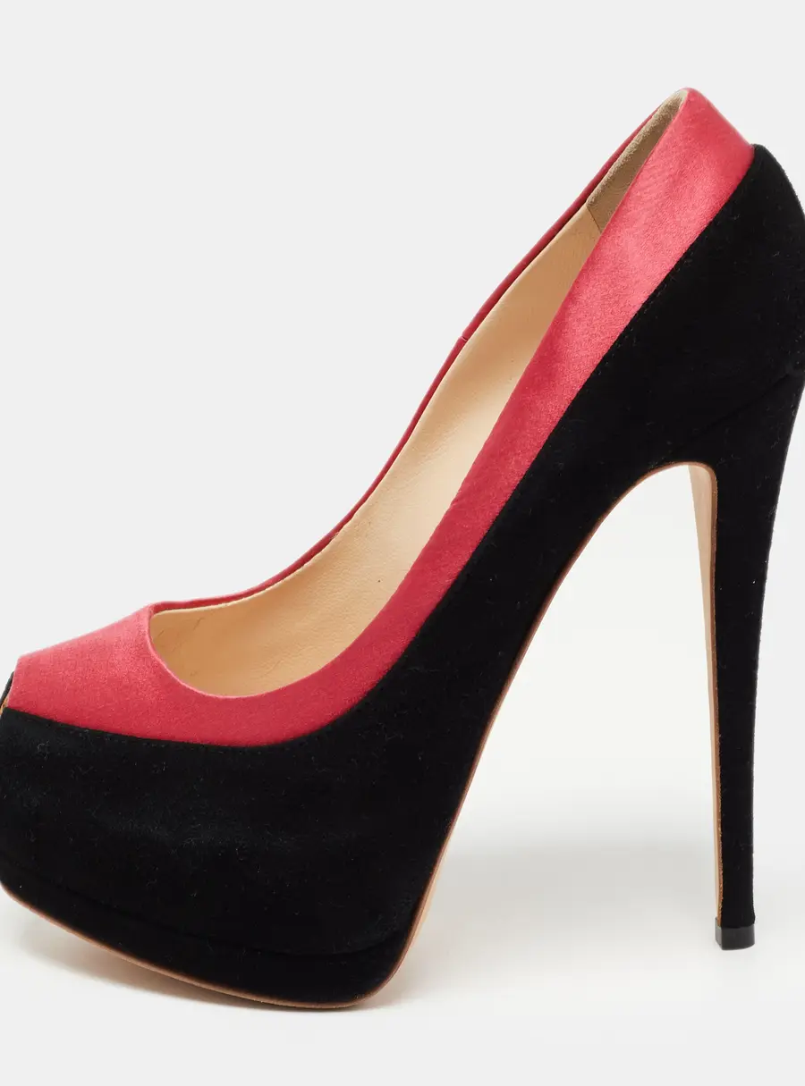 Giuseppe Zanotti Black/Pink Suede and Satin Peep Toe Platform Pumps Size 37