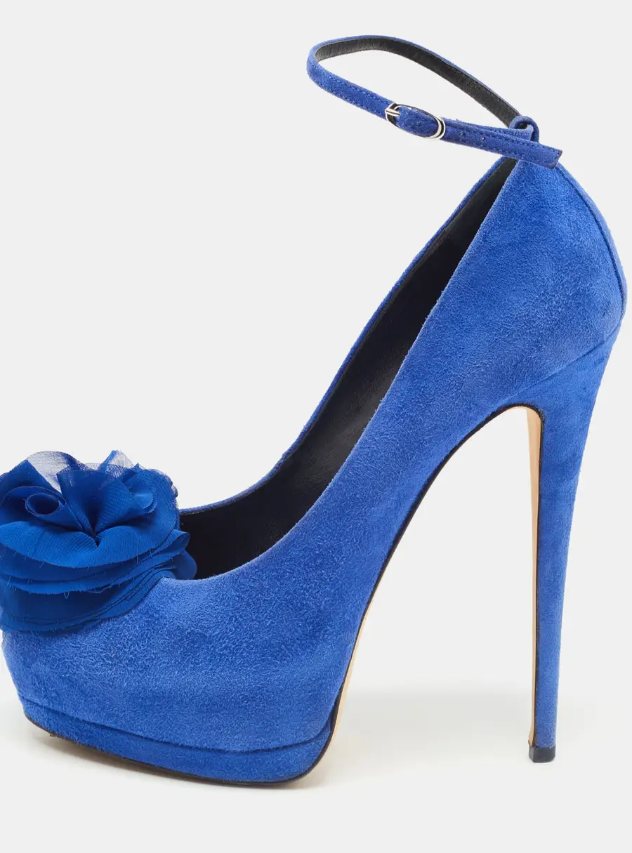 Giuseppe Zanotti Blue Suede Flower Applique Peep Toe Platform Ankle Strap Pumps Size 39